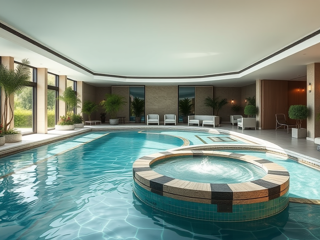 A massage room with two beds with a view to the trees and a pool